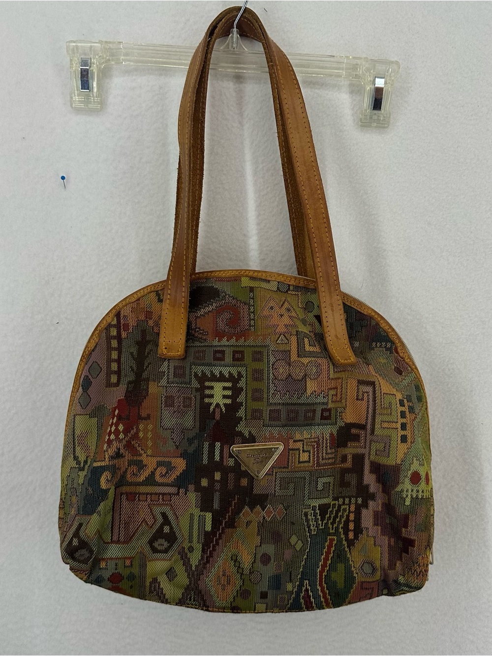Tapestry Dome Shoulder Bag Geometric Print Leather Trim Women’s Multi